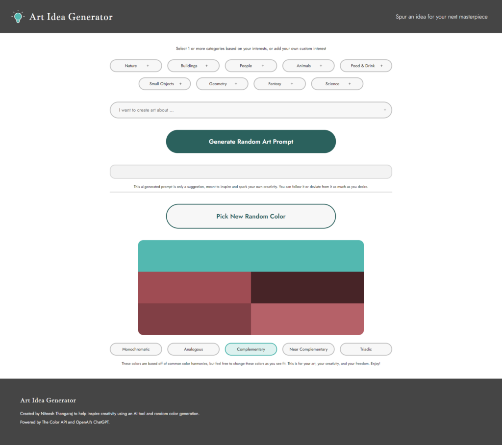 Screenshot of my Art Idea Generator Web App