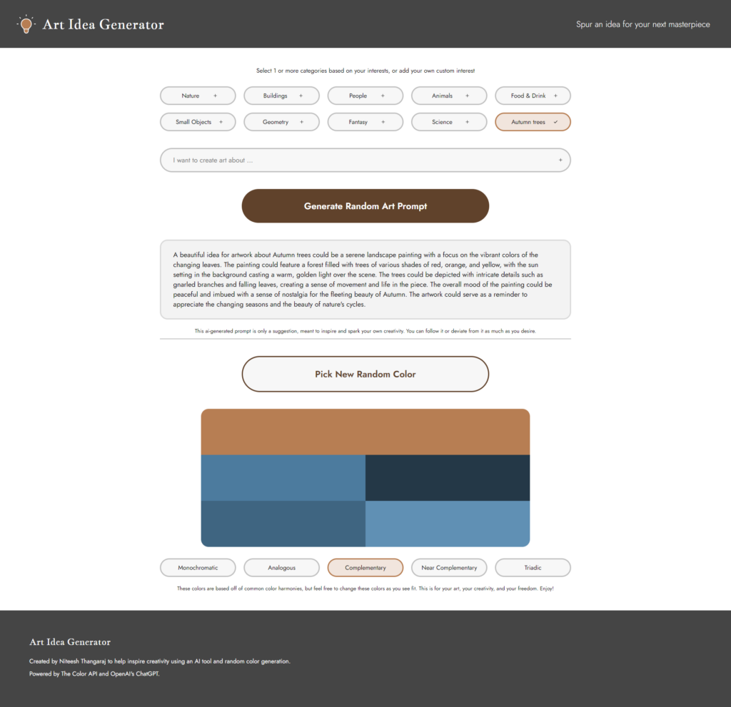 Screenshot of my Art Idea Generator Web App